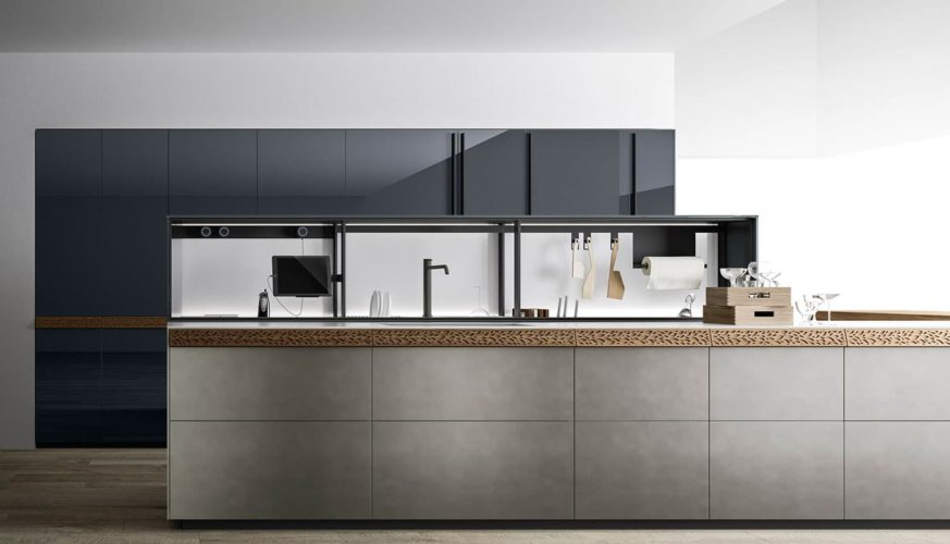 Cuisine Valcucine Genius Loci Zinc Titanium Brossé avec tiroir à encoche | Cuisiniste Nice | Massimo Cucine