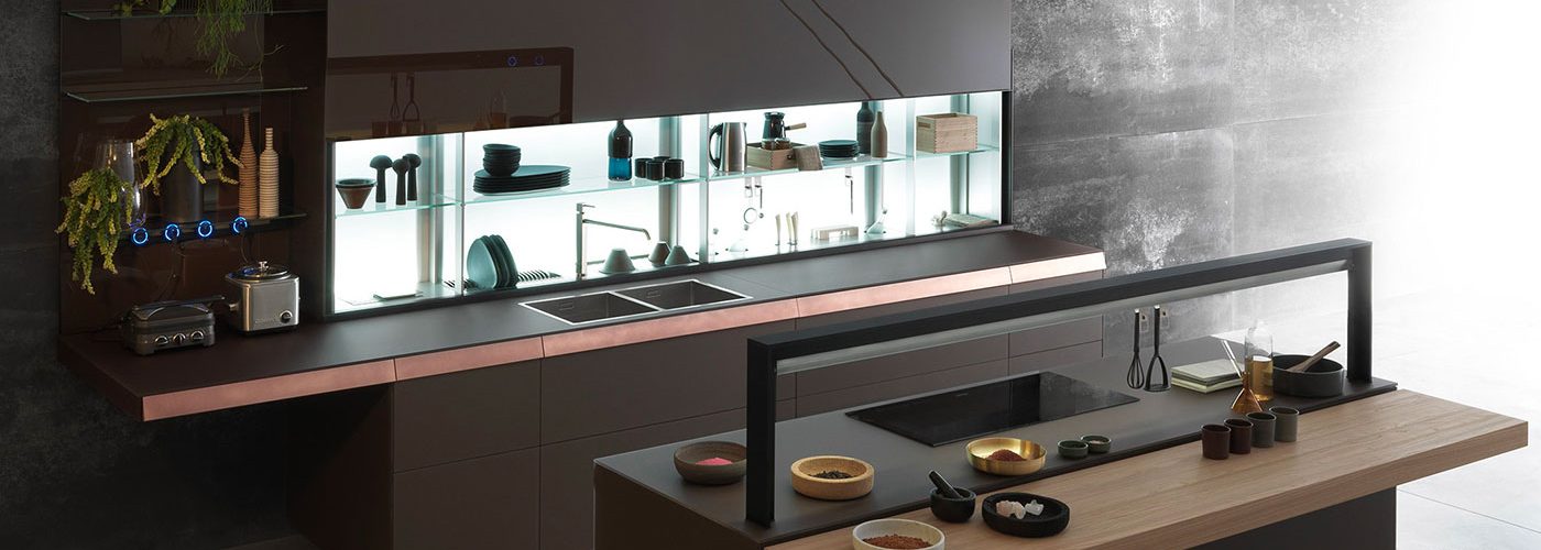 Cuisine Valcucine Genius Loci Vitrum Mocaccino opaque avec tiroir en cuivre | Cuisiniste Nice | AS Design